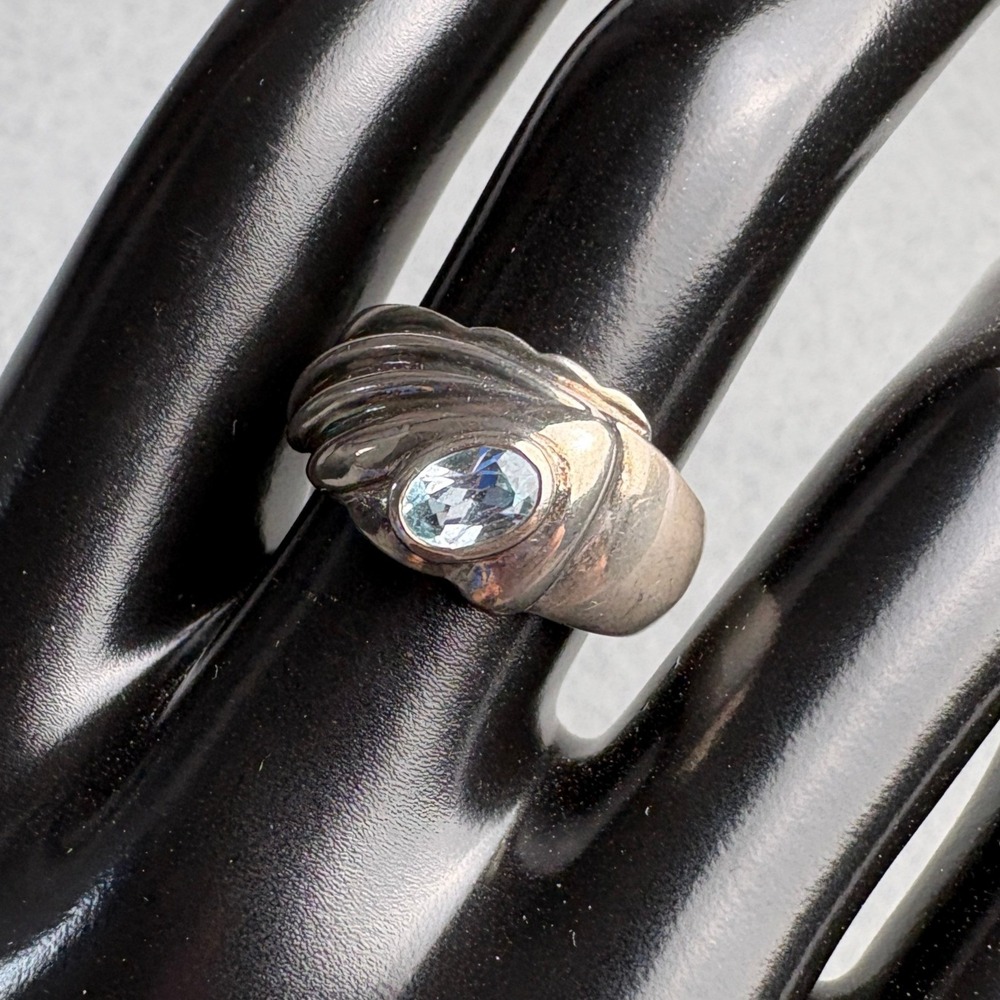 Vintage Sterling Silver 925 Scalloped Bypass Ring Oval Blue Gemstone Size 7.5